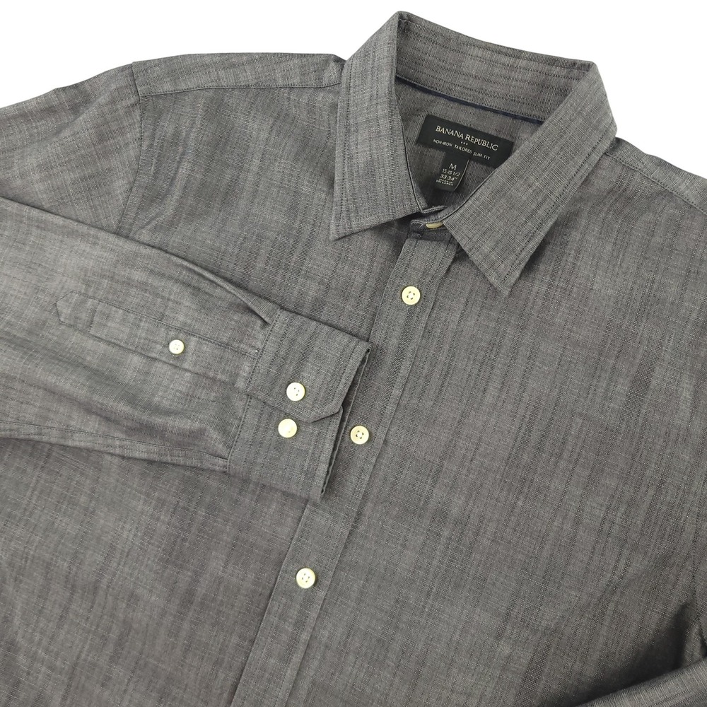 Banana Republic Dress Shirt Mens M Chambray Gray Solid Slim Fit Non Iron Cotton